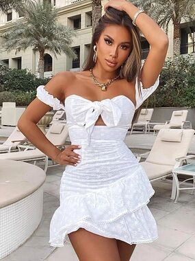 Fashion Nova White Off-Shoulder Eyelet Bow Mini Dress